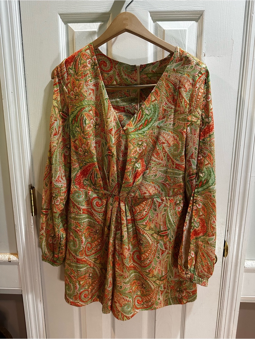 Gianni Bini‎ Orange Green Paisley Print Long Sleeve Romper Split Sleeve Boho Med